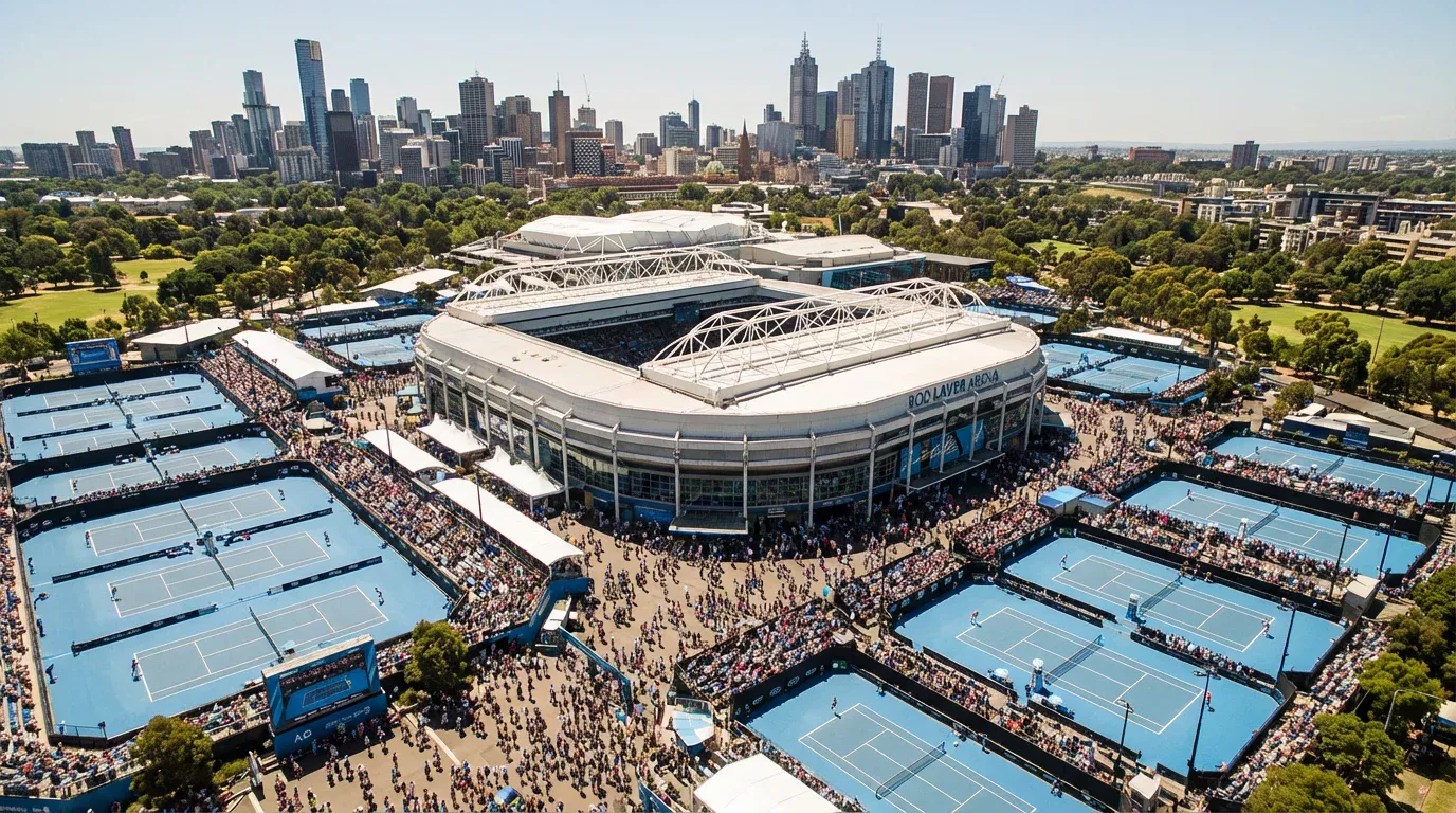 Vista aérea de Melbourne Park con las gradas llenas durante el Australian Open