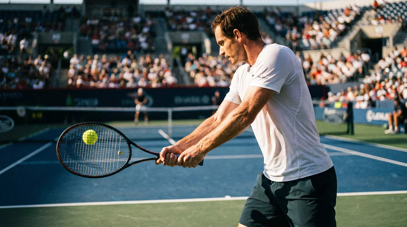Tenista masculino golpeando un revés en pista dura durante un partido de Grand Slam
