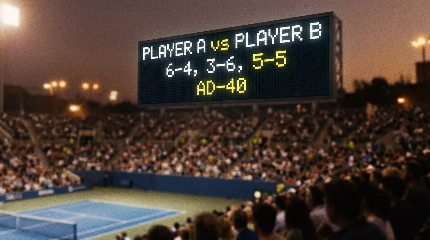 Marcador electrónico de un partido de tenis con las gradas del estadio al fondo
